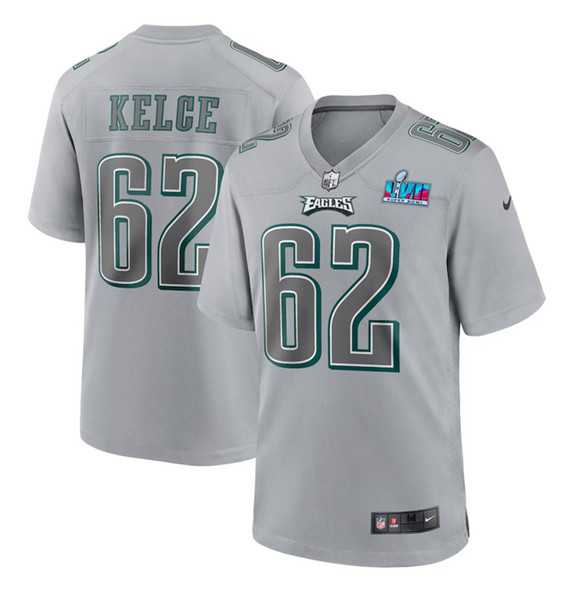 Mens Philadelphia Eagles #62 Jason Kelce Gray Super Bowl LVII Patch Atmosphere Fashion Stitched Game Jersey->philadelphia eagles->NFL Jersey